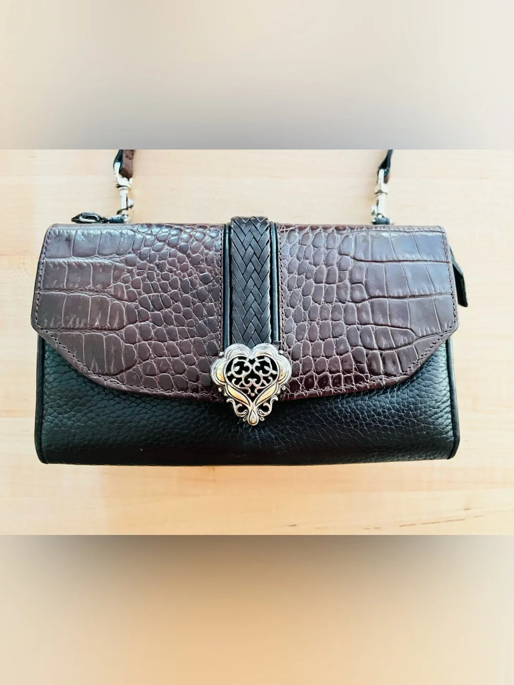 Brighton Nepal Organizer Black and Brown Croc-Textured Crossbody Bag